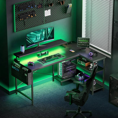 Coleshome Gaming Desk with Led, 120X80Cm Corner Desk with Reversible Shelves, L-Shaped Gaming Table with Power Outlets and USB Gaming Table with Monitor Stand Home Office, Black