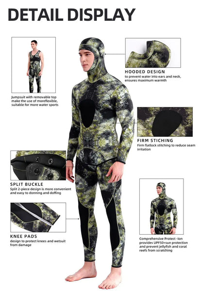 HOT 3mm Camouflage Wetsuit Long Sleeve Fission Neoprene Submersible Diving for Men Keep Warm Tops and Pants 2-pieces Sun Protect