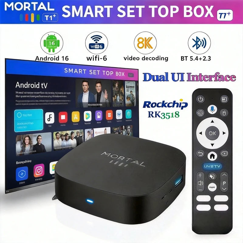 2026 T1+ Android 16 Smart TV Box Rockchip RK3518 WIFI6 BT 5.4 UI Interface 8K HD Media Player Voice Assistant Set Top Box IPTV