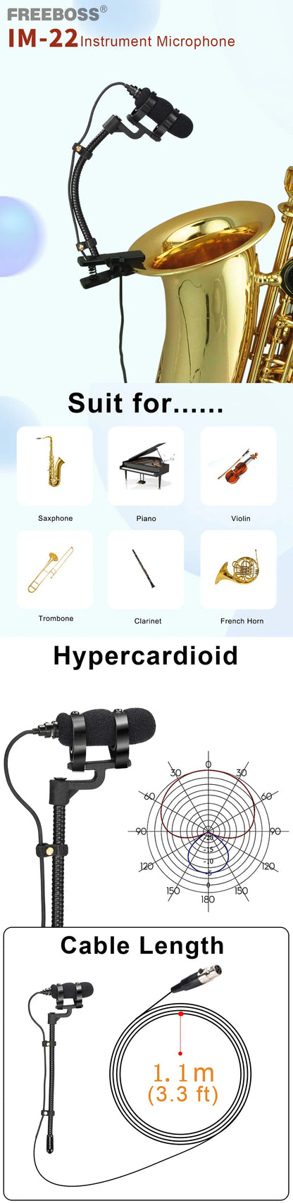 3.5mm 3 Pin 4 PIN Wind Instrument Saxophone Microphone Portable Supercardioid Wired Condenser Mic for Sax Violin Piano IM-22