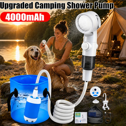 Portabel Campingdusch – Elektrisk Pump 4000mAh, Digital Display, Slang & Krok, Blå