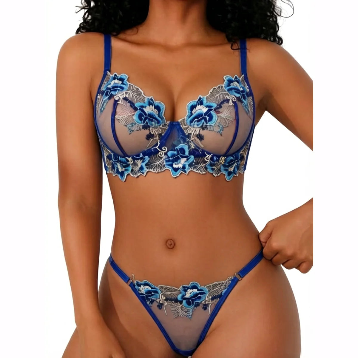 Lyxigt Spets Lingerie Set – Blå Blombrodyr, Genomskinlig Halvkupa BH & Trosor