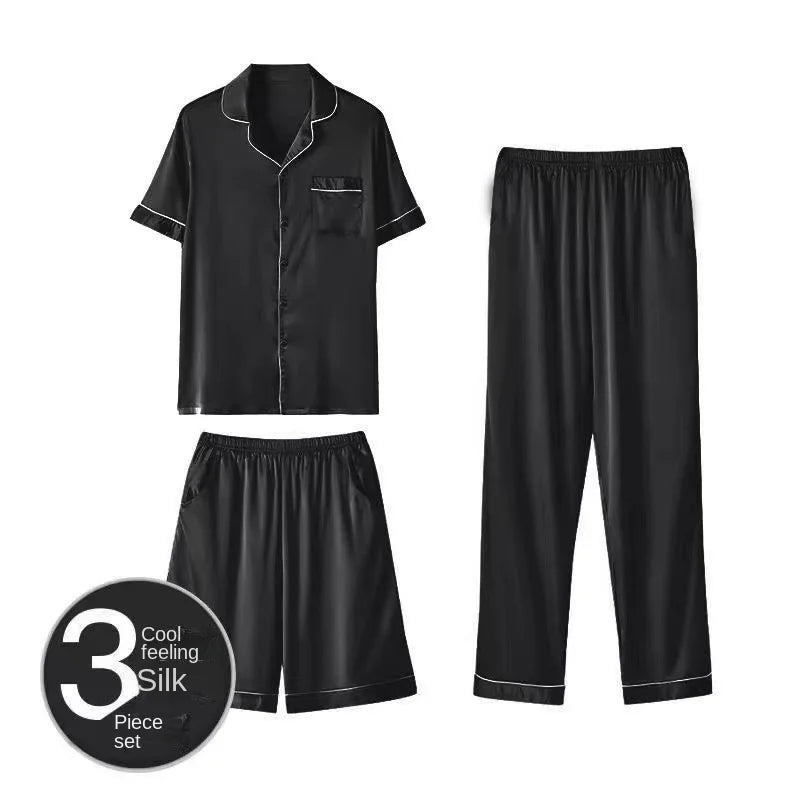 Fashion Summer Autumn 3 Piece Silk Men Pajamas Set Short Sleeve Shorts Oversize Homewear Lapel Collar Loungewear Pijamas for Man