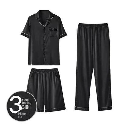 Fashion Summer Autumn 3 Piece Silk Men Pajamas Set Short Sleeve Shorts Oversize Homewear Lapel Collar Loungewear Pijamas for Man