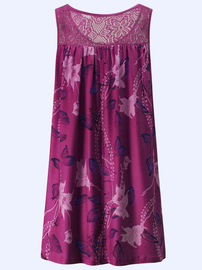 Plus size women's sleeveless round neck A-line dress with contrasting lace border floral print - knee length casual and pretenti