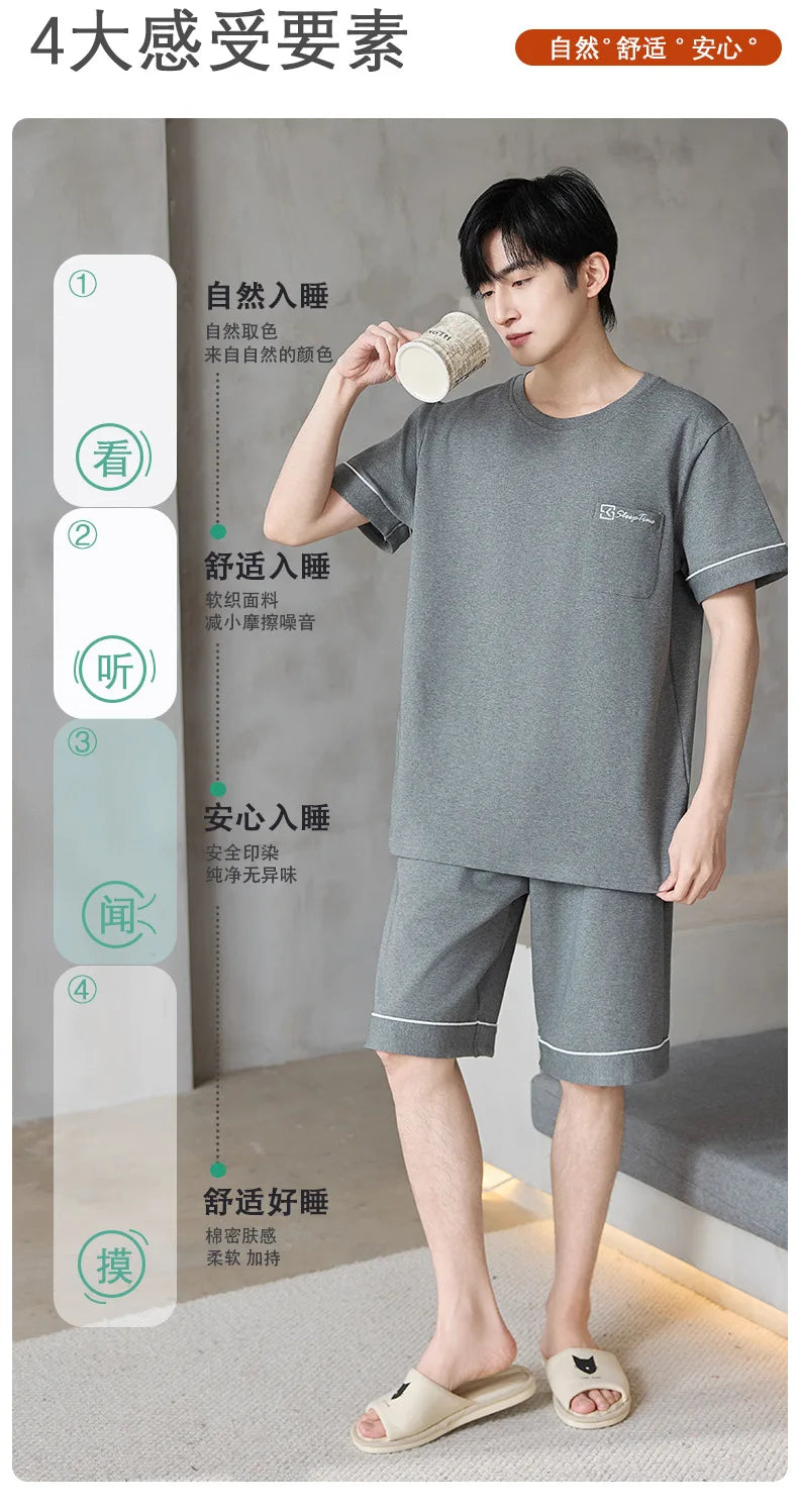 Short Sleeves & Shorts & Long Pant 3Pcs/set Cotton Nightwear for Men Summer Breathable Casual Sleepwear Male Loungewear Hombre
