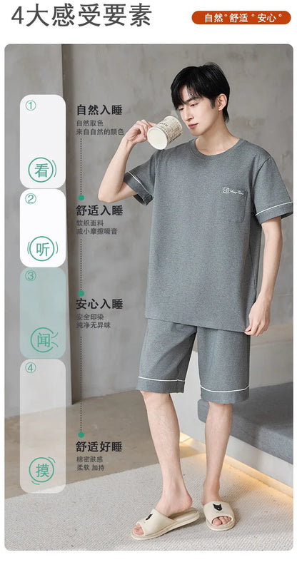 Short Sleeves & Shorts & Long Pant 3Pcs/set Cotton Nightwear for Men Summer Breathable Casual Sleepwear Male Loungewear Hombre