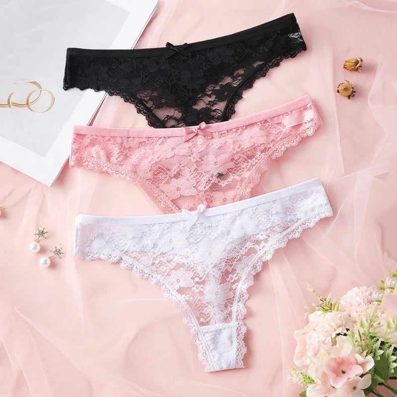 3Pcs Sexy Lace Women Thongs Transparent Women Panties Sexy Underwear Solid Floral G-String Size XS-XL Female Underpants Lingerie