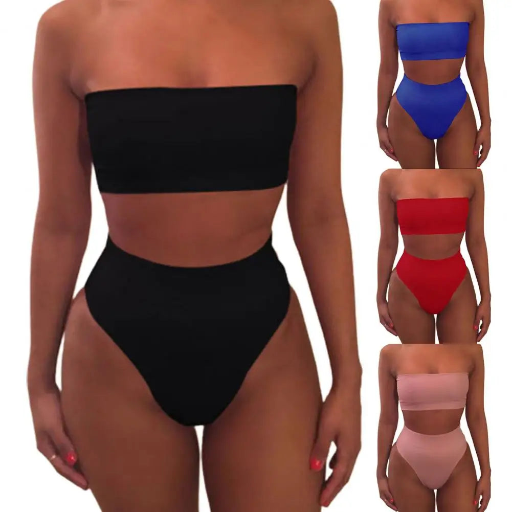 2025 Two-piece 	High Waist Bikini Set Solid Color Elastic Wireless Strapless Summer Lady Swimsuit Swimming Bathing Suit