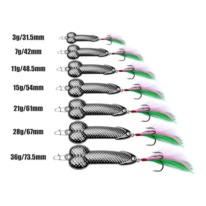 Metal Penis Spoon Lure 3g 7g 11g 15g 21g 28g 36g Hard Bait Tackle Sequin Vibrating Fishing Lure Artificial Bait Feather Hook VIB