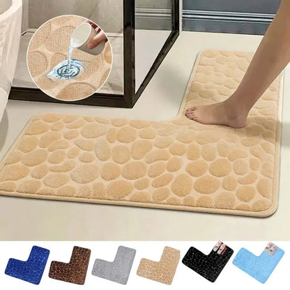 80x80cm New L-shaped Bath Mat Cobblestone Memory Foam Super Absorbent Non-Slip Corner Mat for Bathroom Shower Toilet Home Decor