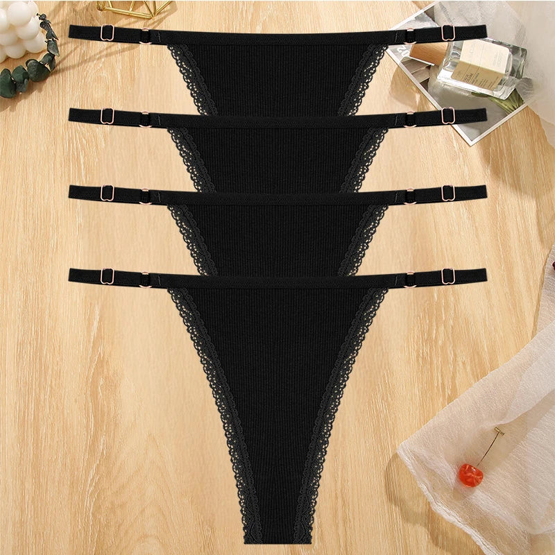 4Pc G-String Cotton Lace Women Thongs Lingerie Low Rise Panties Adjustable Waistband Straps Hipster Underwear For Girl Intimates
