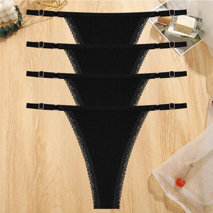 4Pc G-String Cotton Lace Women Thongs Lingerie Low Rise Panties Adjustable Waistband Straps Hipster Underwear For Girl Intimates