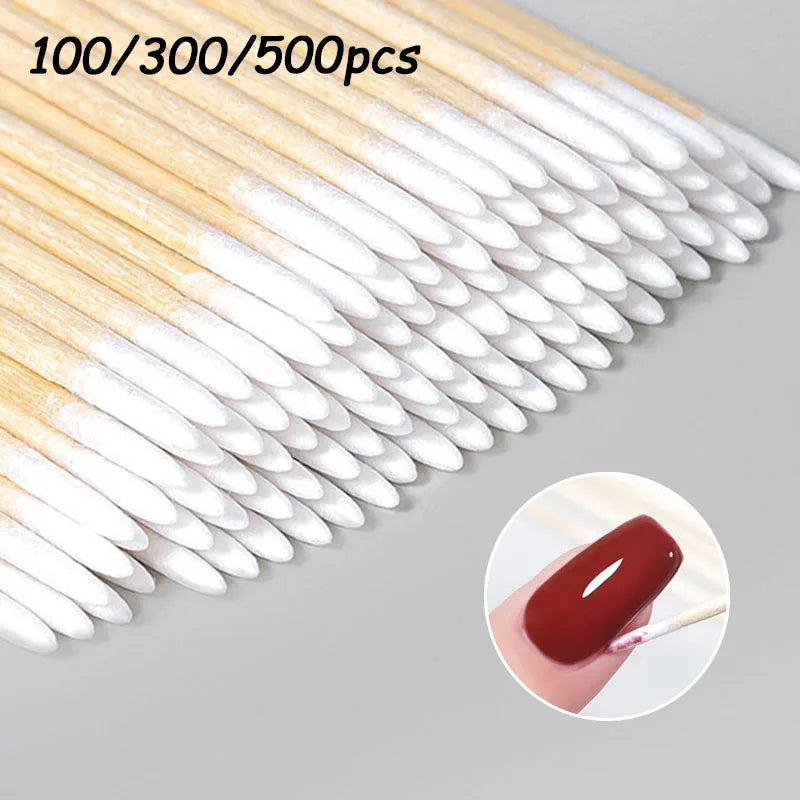 100/300/500Pcs Nails Wood Swab Cleaning Sticks Wooden Cotton Head Bud Tip Manicure Detail Corrector Nail Polish Remover QJB01
