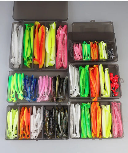 Soft Tail Bait Set Fake Bait 5.5/7/9/12cm Two-color Fishing Lure with Lead Head Hook for Angling