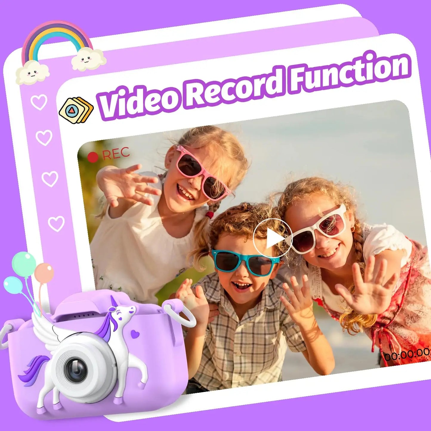 Kids Digital Camera 1080P HD 2.01" Unicorn Toy Camera Silicone Case Games USB Mini Video Recorder Gift for Girls 3-12 Age