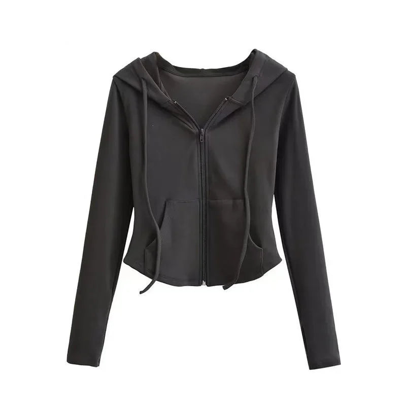 Women's Slim Fit Hooded Zip Up Sports Sweatshirt | Autumn Cropped Casual Jacket Long Sleeve Athletic Outerwear K Pop Clothes