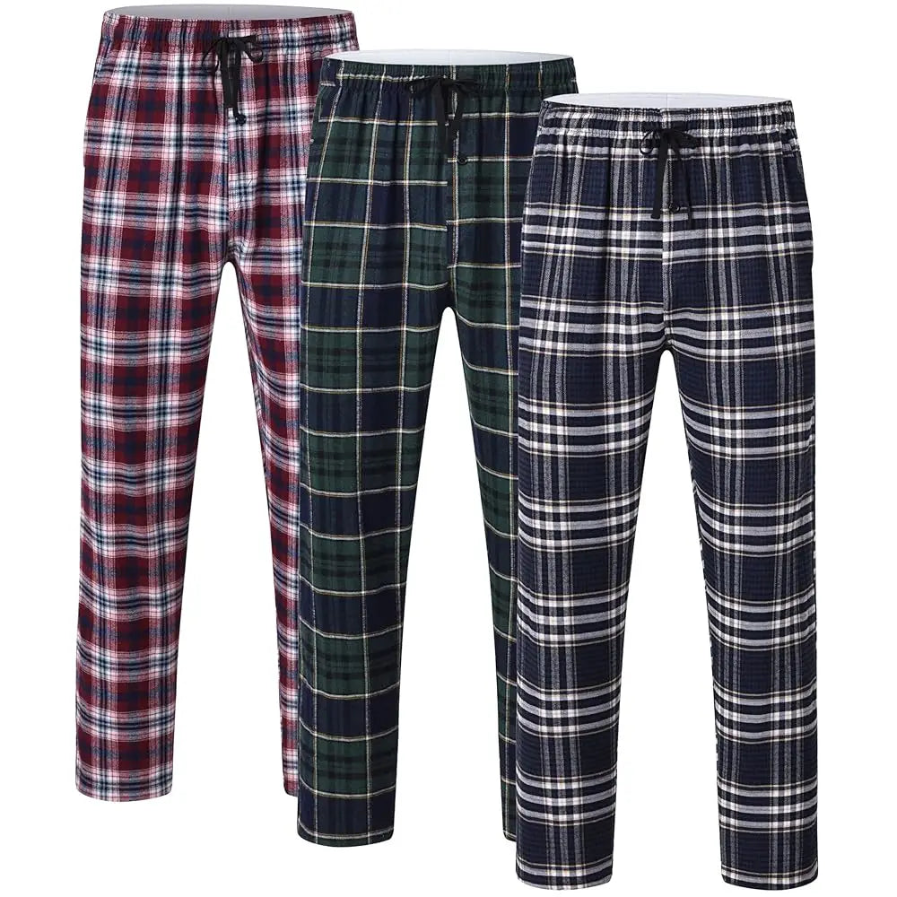 Men's 3Pcs Pajama Sleeping Pants Cotton Plaid Pjs, Long Plaid Print Sleepwear Pajama Pants with Elastic Waist Homewear