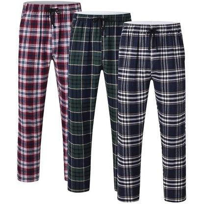 Men's 3Pcs Pajama Sleeping Pants Cotton Plaid Pjs, Long Plaid Print Sleepwear Pajama Pants with Elastic Waist Homewear