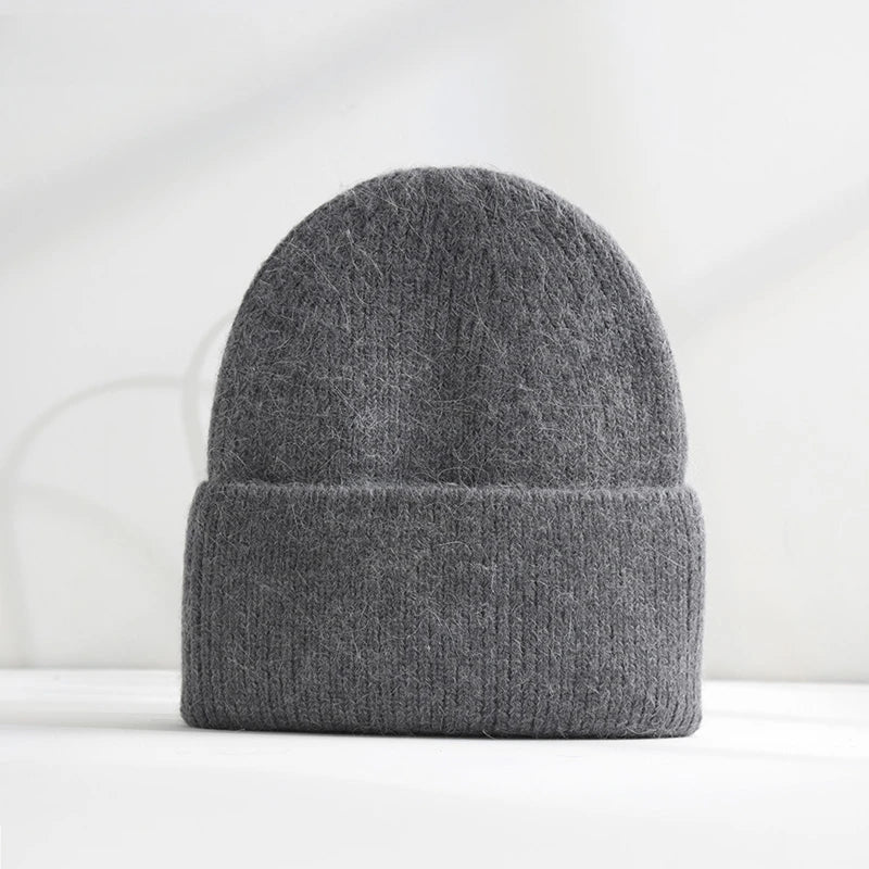 Fluffy Angora Hat Rabbit Fur Warm Winter hat For Womans Cashmere Wool Soft Beanies Blue Knitted Hat Outdoor Ski Female