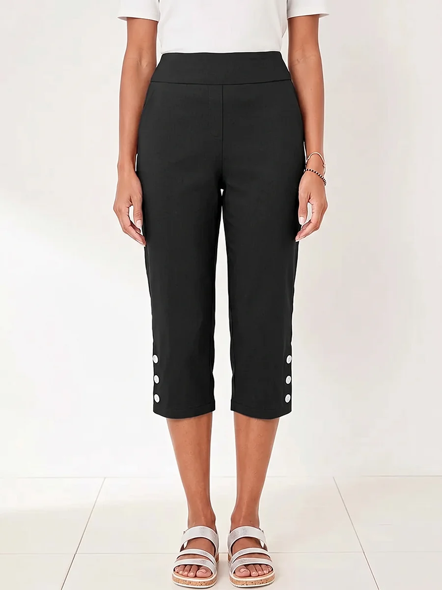 Women's High Waisted Capri Trousers Summer Stretch Cropped Pants with Pocket and Button Details Navy Blue Casual Comfort