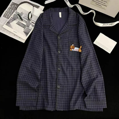 Herr Pyjamas 2-delad – Vintage Rutig Broderad Hund, Plus Size L–3XL, 5 Motiv