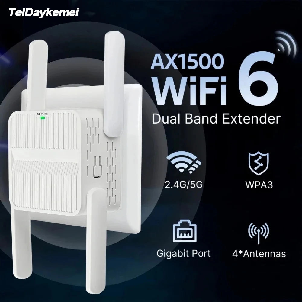 WiFi 6 AX1500 Repeater Extender Signal Booster Dual Band 2.4G/5GHz Wi-Fi Signal Amplifier Long Range Network Easy Set