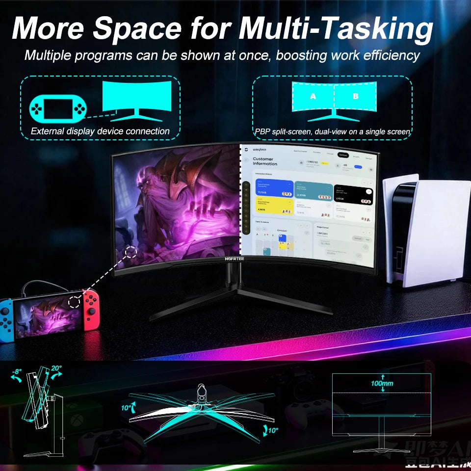 HGFRTEE B340Q Kurvig Gaming-skärm 34" WQHD – VA 3440x1440 165Hz 1500R 21:9 HDR 1ms Matt Yta HDMI