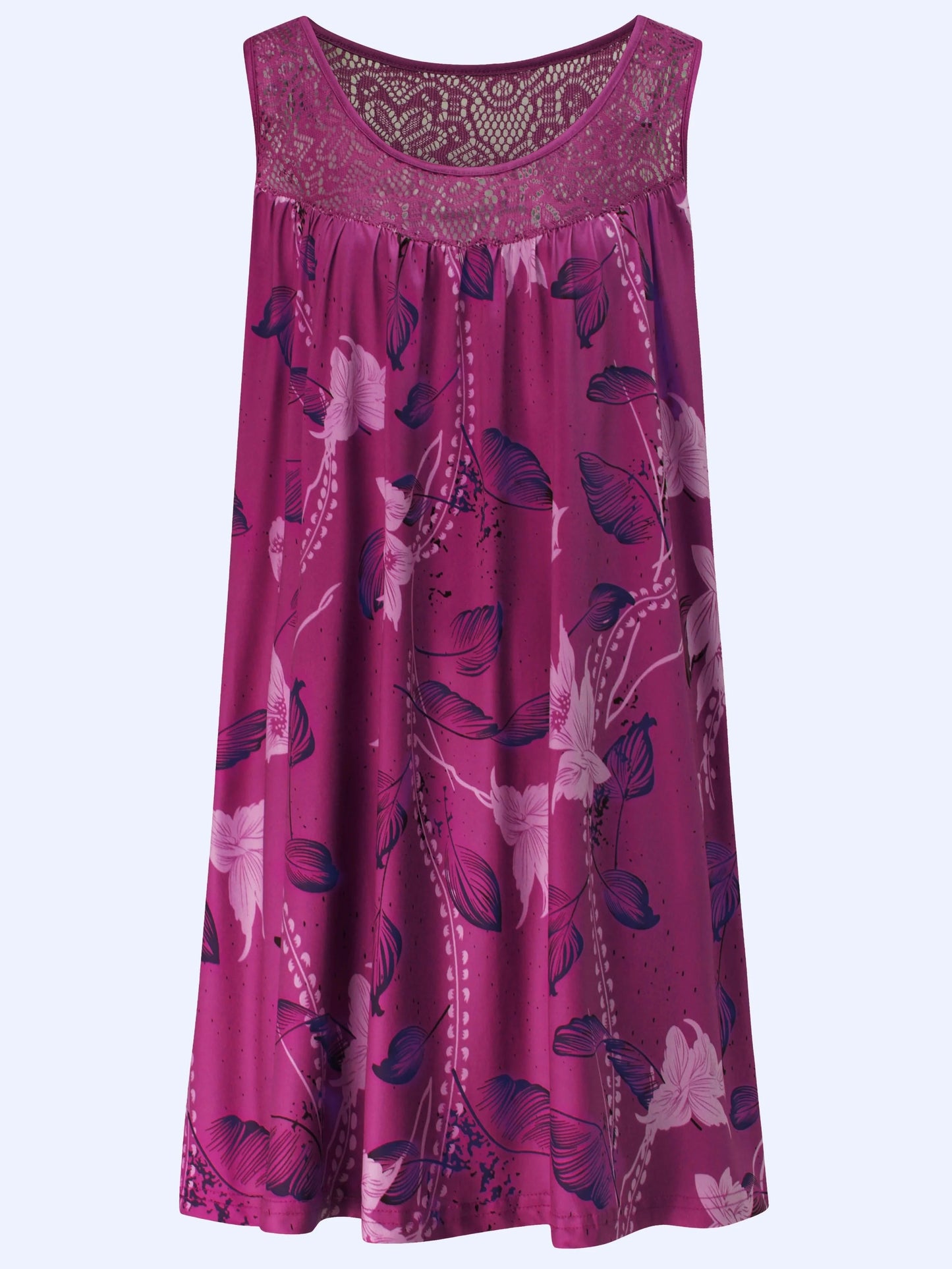 Plus size women's sleeveless round neck A-line dress with contrasting lace border floral print - knee length casual and pretenti
