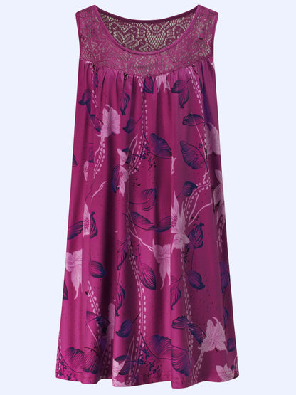 Plus size women's sleeveless round neck A-line dress with contrasting lace border floral print - knee length casual and pretenti