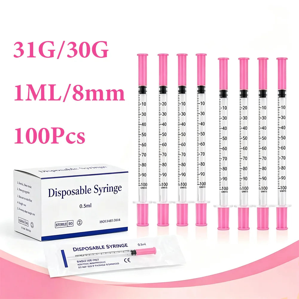 Rosa 1 ml insulinspruta med 30G/31G 8 mm nål, 100-pack