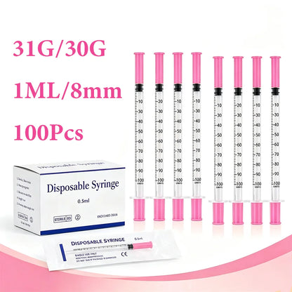 Rosa 1 ml insulinspruta med 30G/31G 8 mm nål, 100-pack