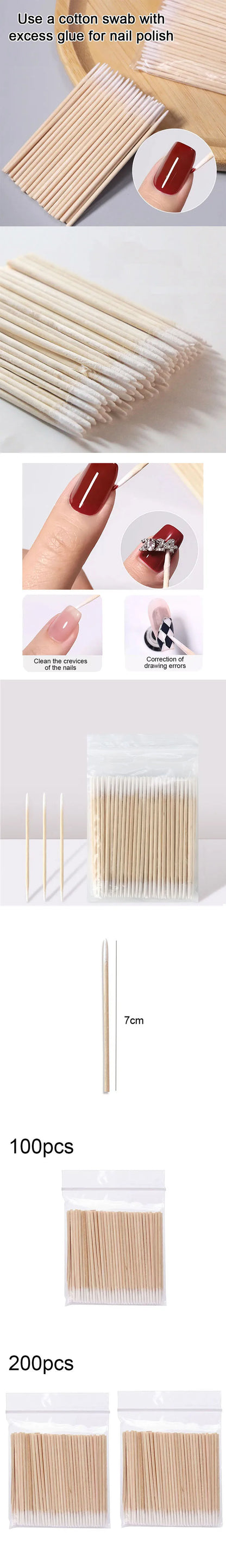 100/300/500Pcs Nails Wood Swab Cleaning Sticks Wooden Cotton Head Bud Tip Manicure Detail Corrector Nail Polish Remover QJB01