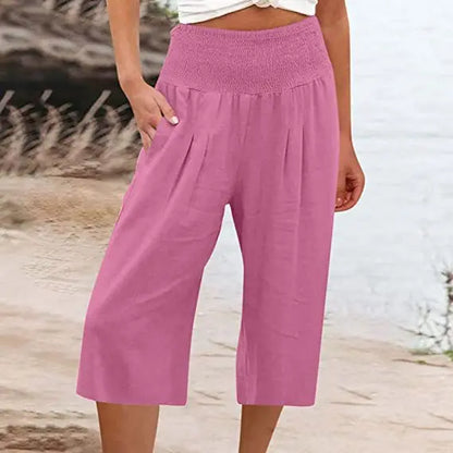 Summer 2024 Amazon Eurn women's cross-border cotton hemp seven waist pocket pocket pocket pocket wide leg pants woman