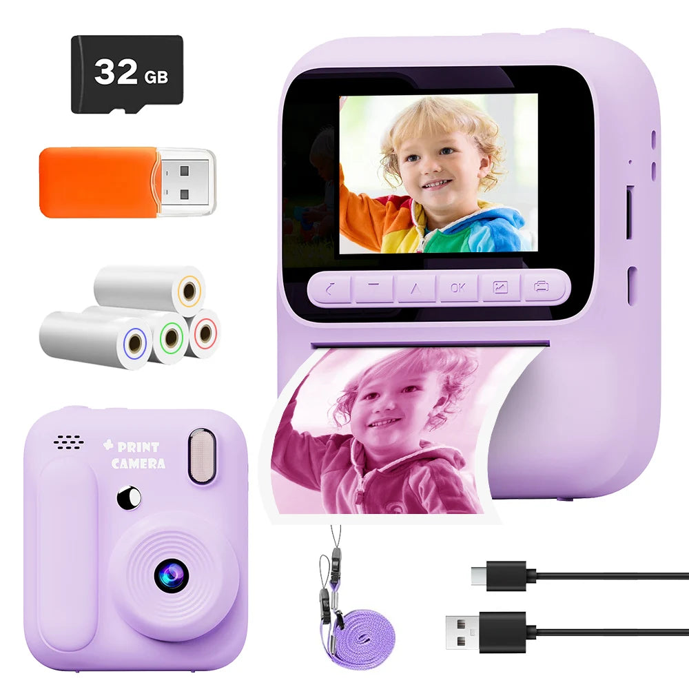 New Kids Instant Digital Camera 2.4 Inch IPS Screen 8X Zoom Mini Single Color Print Camera For Kids 3-12 Years Birthday Gifts