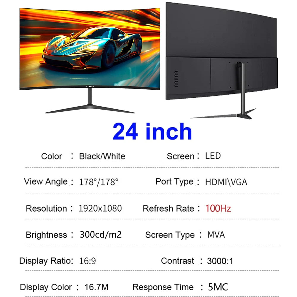 24 Inch Curved 100Hz Monitor Gaming MVA FHD 1080P Computer Display 3000R HDMI/VGA DCR Eye Protect VESA 100*100 2ms Response