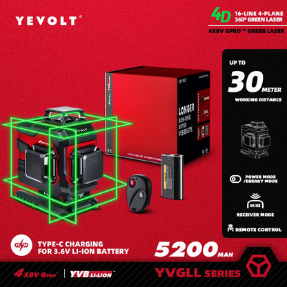YEVOLT YVGLL4XS16 Grön Lasernivå 4D – 4 Plan, 16 Linjer, 3Ah/5,2Ah Batteri, Självnivellerande