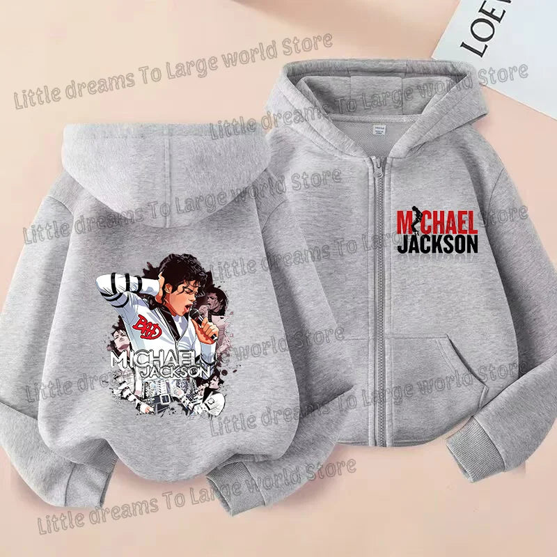 Michael Jackson Thin Long Sleeve Zipper Jacket Boys Hooded Clothes Autumn Spring Singer MJ Zip Up Streetwear with Pocket Tops