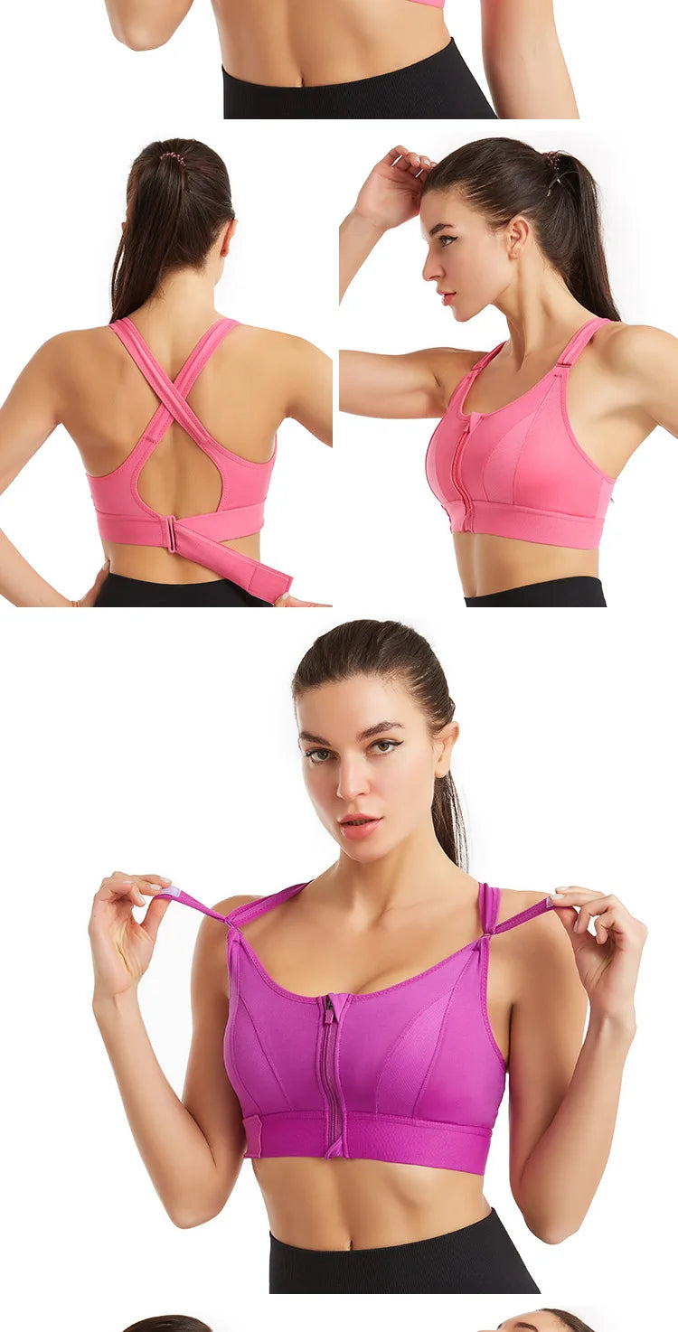 Women High Impact Shockproof Sports Bra Front Zip Adjustable Shoulder Straps Back Support Yoga Running Fitness Bralette