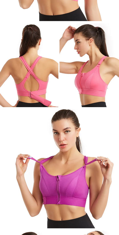 Women High Impact Shockproof Sports Bra Front Zip Adjustable Shoulder Straps Back Support Yoga Running Fitness Bralette