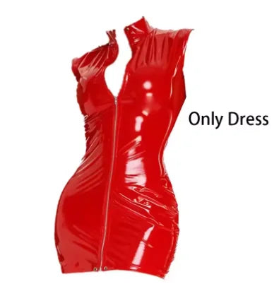 Women Latex Leather Lingerie Hot Exotic Mini Dress PVC Wet Look Leather Sleeveless Zip Bodycon Dress