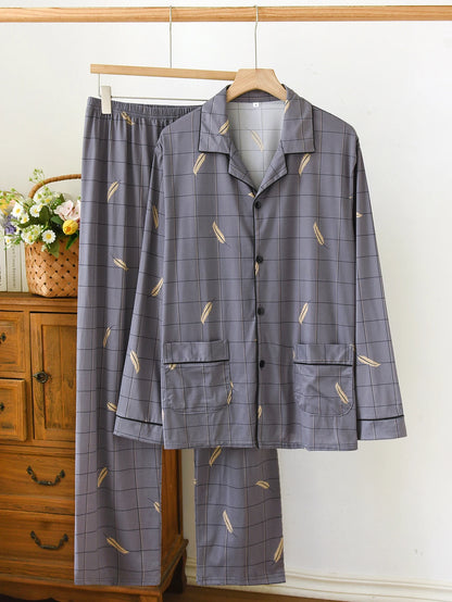 Casual Spring and Autumn Pajamas for Men, New Versatile Cardigan Long-Sleeved Long Pants Set, Simple and Stylish, Plus-Size Loungewear