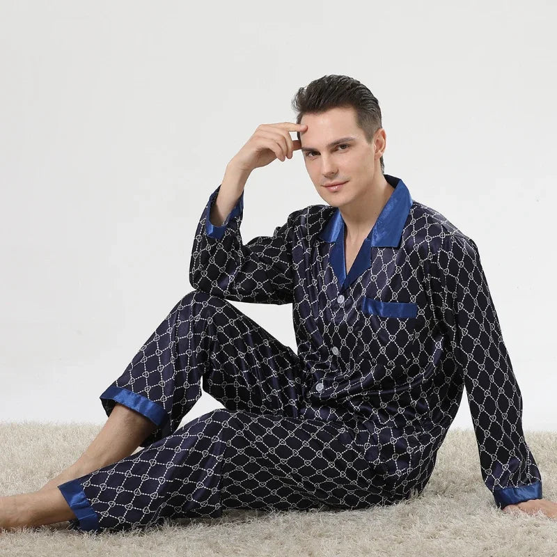 Herr Silk Satin Pyjamas 2-delad – Långärmad Topp & Byxor Tryckt Mönster, Svart/Röd/Marinblå