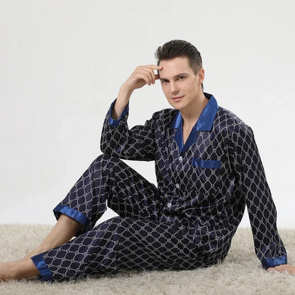 Herr Silk Satin Pyjamas 2-delad – Långärmad Topp & Byxor Tryckt Mönster, Svart/Röd/Marinblå