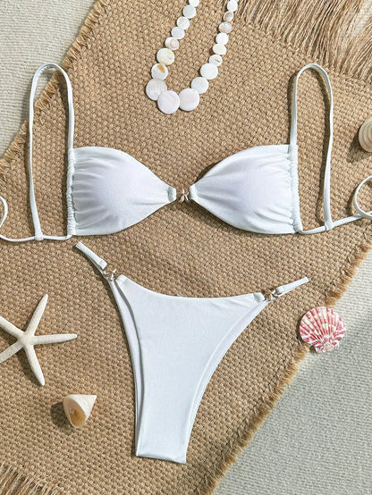 Sexy Solid Color Swimsuit Women' Swimwear 2026 New Bandeau Bikinis Rings Bikini Bandage Beachwear Two Piece Bathing Suit