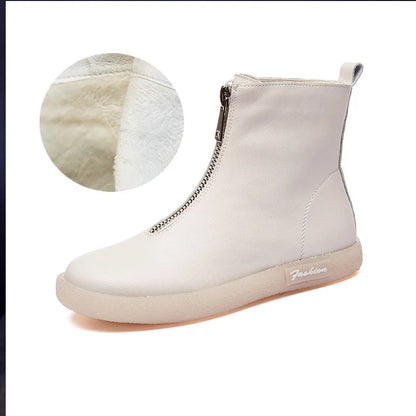 ZXRYXGS British Style Front Zipper Genuine Leather Boots Flat Sneakers 2026 Temperament Trend Autumn Winter Boots Black White