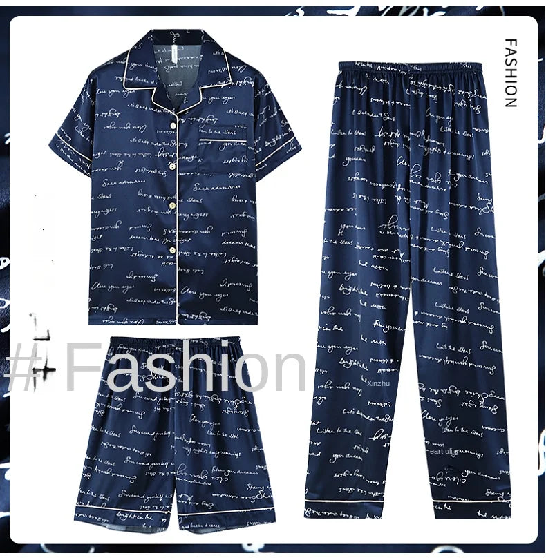 Fashion Summer Autumn 3 Piece Silk Men Pajamas Set Short Sleeve Shorts Oversize Homewear Lapel Collar Loungewear Pijamas for Man