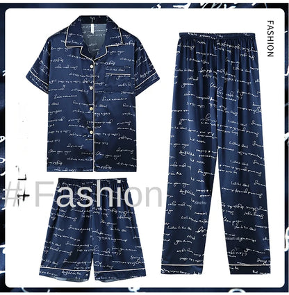 Fashion Summer Autumn 3 Piece Silk Men Pajamas Set Short Sleeve Shorts Oversize Homewear Lapel Collar Loungewear Pijamas for Man