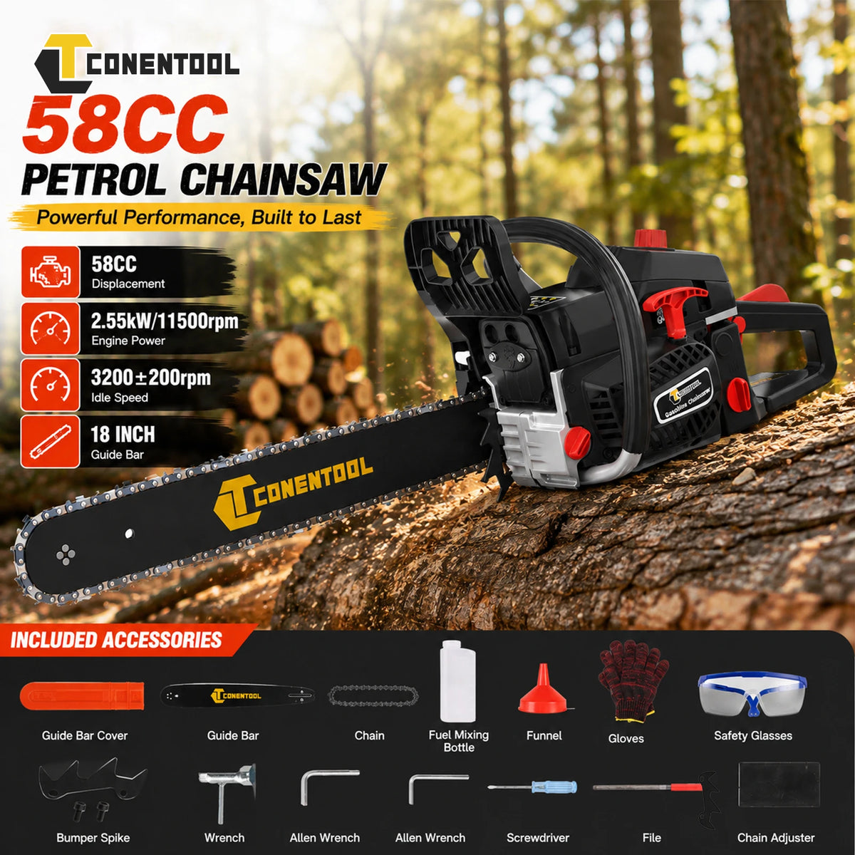 CONENTOOL 58CC 18 Inch Gas Chainsaw 2-Stroke Petrol Chain Saw 2.55kW 11500RPM Wood Cutter for Tree Cutting Firewood Logging Garden Tool