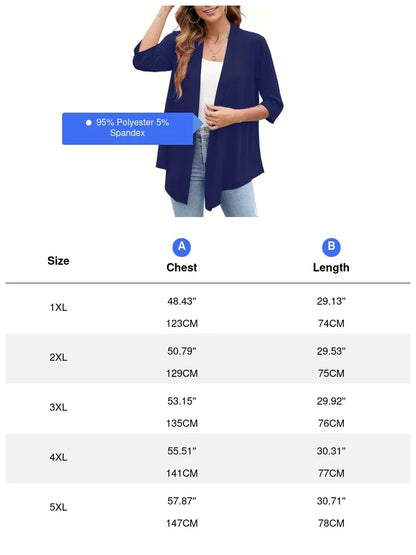 Dam Plus Size Lättviktig Öppen Kofta – Casual 3/4-ärm Mjuk Drapering Mångsidigt Vår/Sommar, 4 Färger 1XL–5XL